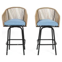 Set of 2 Outdoor Bar Stools with Armrests and Backrest, 2-Piece All Weather Rattan Bar Chairs with Footrest, 23" L x 17.5" W x 44" H, Blue(m-16)