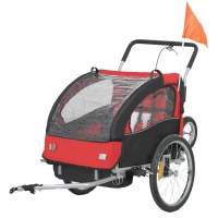 Aosom 2-in-1 Bike Trailer for Kids, Foldable 2-Seat Baby Stroller with 5-Point Harness, Rubber Wheels, Storage Bag, Red(m-2)