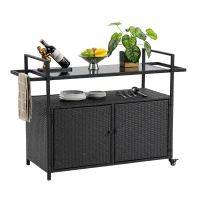 Outdoor Wicker Bar Cart with Glass Top and Wheels, Rolling Rattan Beverage Bar Counter Table for Porch, Backyard, Garden, Poolside Party, 51" L x 20" W x 35.5" H, Black(m-12)