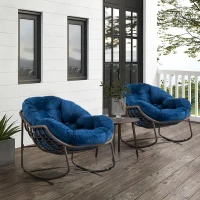 Outdoor Rattan Rocking Chair with Padded Cushion, Oversized Recliner for Porch, Patio, Garden, Steel Frame, 44" L x 37" W x 31.5" H, Navy Blue(m-7)