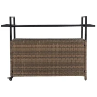 Outdoor Wicker Bar Cart with Wheels, Patio Wine Serving Cart with Glass Top and Storage Cabinet, 51" L x 20" W x 35.5" H, Light Brown(m-14)