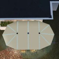 Outsunny 15ft Double-Sided Outdoor Umbrella with Solar Lights, UPF50+ Extra Large Aluminum Patio Umbrella with Crank, Cream White(m-8)