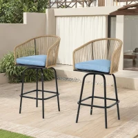 Set of 2 Outdoor Bar Stools with Armrests and Backrest, 2-Piece All Weather Rattan Bar Chairs with Footrest, 23" L x 17.5" W x 44" H, Blue(m-4)