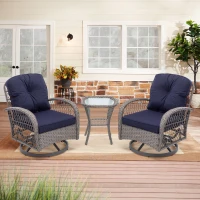 3-Piece Outdoor Swivel Rocker Patio Chairs Set with Tempered Glass Coffee Table, 360° Rocking Conversation Set with Thick Cushions, 29" L x 25" W x 34" H, Navy Blue(m-1)