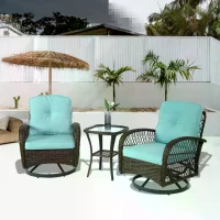3-Piece Outdoor Swivel Rocker Patio Chairs Set with Thick Cushions, Glass Coffee Table, 360° Rocking Garden Furniture Set with Steel Frame, Blue(m-5)