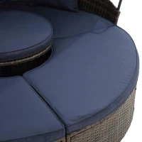 Round Outdoor Daybed with Retractable Canopy, Wicker Sofa Bed with Lift Coffee Table and Washable Cushions, 64" L x 64" W x 55" H, Navy Blue+Black(m-5)