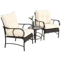 3-Piece Patio Set with Rust-Proof Steel Frame, Cushioned Seats, Outdoor Wicker Furniture with Rattan Chairs, Coffee Table, Brown+White(m-8)