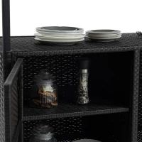 Outdoor Wicker Bar Cart with Glass Top and Wheels, Rolling Rattan Beverage Bar Counter Table for Porch, Backyard, Garden, Poolside Party, 51" L x 20" W x 35.5" H, Black(m-6)