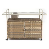 Outdoor Bar Table with Steel Top, Lockable Wheels, Side Basket, Wicker Bar Cart with Cabinet, Rounded Handle, 51.5" L x 19.5" W x 36" H, Beige(m-2)