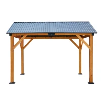 Fir Wood Carport Pavilion Gazebo with Steel Roof, All Weather Protection, Heavy-Duty Wooden Frame, 139" L x 117" W x 104" H, Light Brown(m-2)
