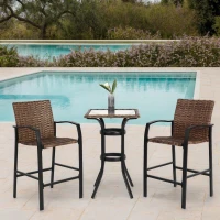 3-Piece Outdoor Bar Stools Set with Rattan Bar Chairs, Glass Table, Steel Frame, Perfect for Backyard, Garden, Pool, Balcony, Deck, Brown(m-1)