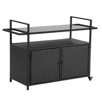 Outdoor Wicker Bar Cart with Glass Top and Wheels, Rolling Rattan Beverage Bar Counter Table for Porch, Backyard, Garden, Poolside Party, 51" L x 20" W x 35.5" H, Black(m-2)