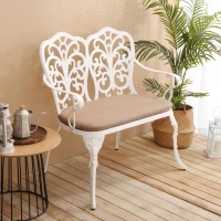 Patio Garden Bench with Floral Rose Design, Seat Cushion, Outdoor Park Bench with Cast Aluminum Frame, 34.5" L x 22.5" W x 34.5" H, White(m-1)
