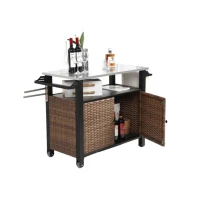 Outdoor Kitchen Wicker Island Rolling Cart with Wheels, Storage Cabinet, Steel Extended Table Top, Side Handle, 47" L x 20" W x 33.5" H, Brown(m-9)