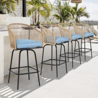 Set of 4 Outdoor Bar Stools with Armrests and Backrest, Steel Frame, All Weather Woven PE Rattan Bar Chairs, 23" L x 17.5" W x 44" H, Blue(m-1)