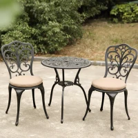 3-Piece Outdoor Rust-Resistant Patio Bistro Set with Cushions, Cast Aluminum Frame, Decorative Floral Design, 16.5" L x 16" W x 34.5" H, Black(m-6)