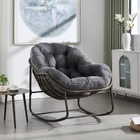 Oversized Outdoor Rattan Rocking Chair with Padded Cushion, Steel Frame, Ergonomic Hand-Woven Recliner, 44" L x 37" W x 31.5" H, Gray(m-5)
