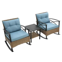 3-Piece Outdoor Rocking Rattan Chair Set with Steel Frame, Includes Table and Cushions, 29" L x 25.5" W x 31" H, Blue(m-12)