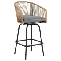 Set of 4 Outdoor Bar Stools with Armrests and Backrest, All Weather PE Rattan Bar Chairs with Steel Frame, 23" L x 17.5" W x 44" H, Gray(m-8)