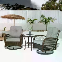 3-Piece Outdoor Swivel Rocker Patio Chairs Set with Cushions, Tempered Glass Table, 360° Rocking Conversation Set with Steel Frame, Grey(m-6)