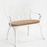 Patio Garden Bench with Floral Rose Design, Seat Cushion, Outdoor Park Bench with Cast Aluminum Frame, 34.5" L x 22.5" W x 34.5" H, White(m-2)