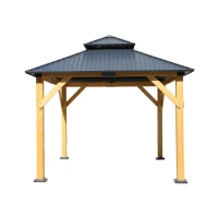 Fir Wood Carport Pavilion Gazebo with Double Roof, Netting for Patio, Wooden Coated Steel Frame Canopy, 142" L x 116" W x 116" H, Light Brown(m-8)