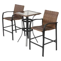 3-Piece Outdoor Bar Stools Set with Rattan Bar Chairs, Glass Table, Steel Frame, Perfect for Backyard, Garden, Pool, Balcony, Deck, Brown(m-10)