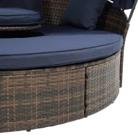 Round Outdoor Daybed with Retractable Canopy, Wicker Sofa Bed with Lift Coffee Table and Washable Cushions, 64" L x 64" W x 55" H, Navy Blue+Black(m-6)