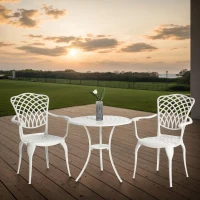 3-Piece Patio Bistro Set with Umbrella Hole, Adjustable Foot Pads, Cast Aluminum Table and Chairs with All-Weather and Rust-Proof Design, White(m-1)