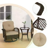 3-Piece Outdoor Swivel Rocker Patio Chairs Set with Thick Cushions, Glass Coffee Table, 360° Rocking Conversation Set with Steel Frame, Khaki(m-7)