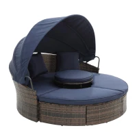 Round Outdoor Daybed with Retractable Canopy, Wicker Sofa Bed with Lift Coffee Table and Washable Cushions, 64" L x 64" W x 55" H, Navy Blue+Black(m-13)