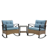 3-Piece Outdoor Rocking Rattan Chair Set with Steel Frame, Includes Table and Cushions, 29" L x 25.5" W x 31" H, Blue