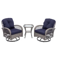 3-Piece Outdoor Swivel Rocker Patio Chairs Set with Tempered Glass Coffee Table, 360° Rocking Conversation Set with Thick Cushions, 29" L x 25" W x 34" H, Navy Blue(m-2)