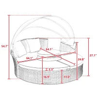 Outdoor Wicker Sofa Bed with Retractable Canopy, All-Weather Rattan Daybed with Washable Cushions and Lift Coffee Table, 64" L x 64" W x 55" H, Beige+Black(m-3)