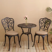3-Piece Outdoor Rust-Resistant Patio Bistro Set with Cushions, Cast Aluminum Frame, Decorative Floral Design, 16.5" L x 16" W x 34.5" H, Black(m-1)