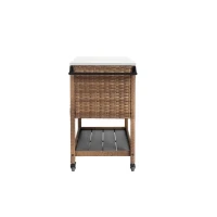 Outdoor Wicker Bar Cart with Wheels, Expandable Shelf, Rolling Rattan Beverage Bar Counter Table with Glass Top, 47" L x 20" W x 35" H, Brown(m-10)