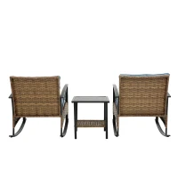 3-Piece Outdoor Rocking Rattan Chair Set with Steel Frame, Includes Table and Cushions, 29" L x 25.5" W x 31" H, Blue(m-13)