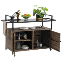 Outdoor Wicker Bar Cart with Wheels, Patio Wine Serving Cart with Glass Top and Storage Cabinet, 51" L x 20" W x 35.5" H, Light Brown(m-12)