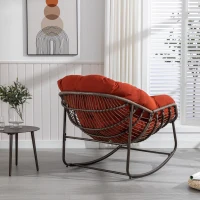 Outdoor Rattan Rocking Chair with Padded Cushion, Hand-Woven Recliner, Ergonomic Design, Steel Frame, 44" L x 37" W x 31.5" H, Orange(m-5)