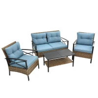 4-Piece Patio Sectional Sofa Set with Steel Frame, Unbreakable Table, Low Dining Conversation Set with Cushions, 47.5" L x 29.5" W x 31.5" H, Blue(m-2)