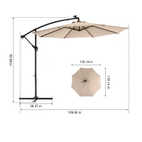 10ft Solar LED Offset Hanging Market Patio Umbrella with Steel Frame, Easy Adjustment and Enhanced Stability, 116" L x 116 W x 83" H, khaki(m-3)