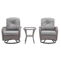 3-Piece Outdoor Swivel Rocker Patio Chairs Set with Tempered Glass Coffee Table, 360° Rocking Conversation Set with Thick Cushions, 29" L x 25" W x 34" H, Grey(m-2)