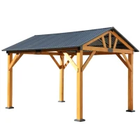 Fir Wood Carport Pavilion Gazebo with Steel Roof, All Weather Protection, Heavy-Duty Wooden Frame, 139" L x 117" W x 104" H, Light Brown(m-11)