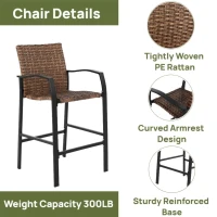 3-Piece Outdoor Bar Stools Set with Rattan Bar Chairs, Glass Table, Steel Frame, Perfect for Backyard, Garden, Pool, Balcony, Deck, Brown(m-7)
