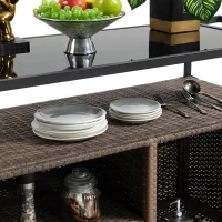 Outdoor Wicker Bar Cart with Wheels, Patio Wine Serving Cart with Glass Top and Storage Cabinet, 51" L x 20" W x 35.5" H, Light Brown(m-5)