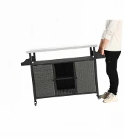 Outdoor Wicker Rolling Cart with Storage Cabinet, Stainless Steel Extended Tabletop, Wheels and Side Handle, 51" L x 21.5" W x 34" H, Gray(m-5)