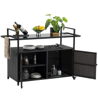 Outdoor Wicker Bar Cart with Glass Top and Wheels, Rolling Rattan Beverage Bar Counter Table for Porch, Backyard, Garden, Poolside Party, 51" L x 20" W x 35.5" H, Black(m-13)
