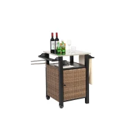 Outdoor Wicker Island Rolling Cart with Storage Cabinet, Expandable Shelf and Tabletop, Wine Glass Rack, 30" L x 22.5" W x 33.5" H, Brown(m-9)