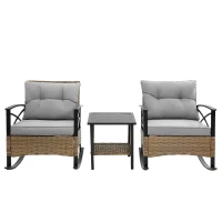 3-Piece Outdoor Rocking Rattan Chair Set with Steel Frame, Durable and Easy to Move, Includes Table, 29" L x 25.5" W x 31" H, Gray(m-10)