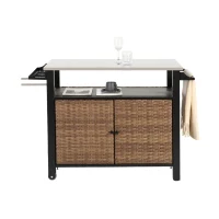Outdoor Kitchen Wicker Island Rolling Cart with Wheels, Storage Cabinet, Steel Extended Table Top, Side Handle, 47" L x 20" W x 33.5" H, Brown(m-2)